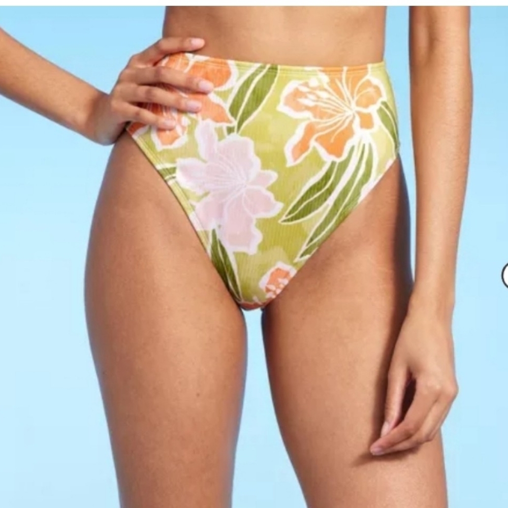 Green & Pink Orange-Floral High-Waisted Bikini Bottom